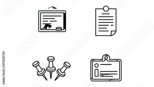 Workplace Essentials: A clean, minimalistic arrangement of office supplies, each element represents essential tools for productivity, from the chalkboard to the notepad.