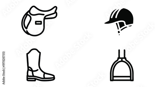 Equestrian Equipment: An illustration showcasing key elements of equestrian gear, including a saddle, riding helmet, boot, and stirrup.