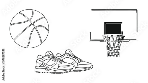 Basketball Essentials: A minimalist depiction of a basketball, a pair of sneakers, and a hoop, capturing the essence of the game and athletic gear.
