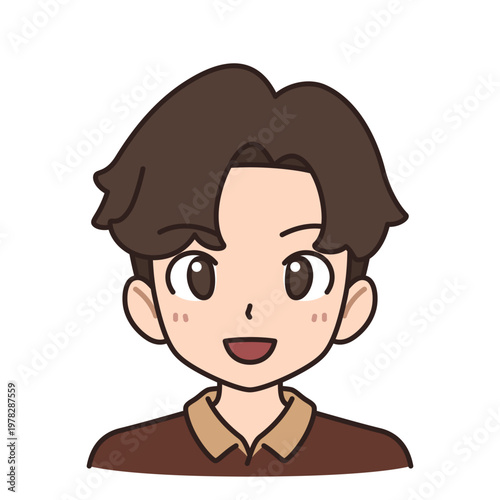 Smiling young man avatar with brown hair, male character cartoon vector illustration isolated on white background.