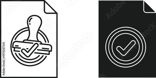 Approved or certified document, featuring a stamped document with a checkmark symbol inside a circular seal. 