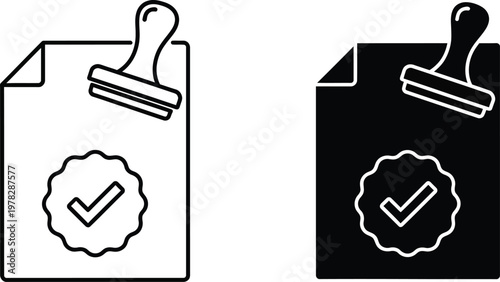 Approved or certified document, featuring a stamped document with a checkmark symbol inside a circular seal. 