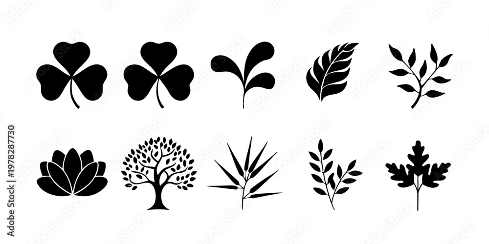 Fototapeta premium Clover Luck Nature Solid Black Vector Icon Set Minimal Leaf Symbol Collection