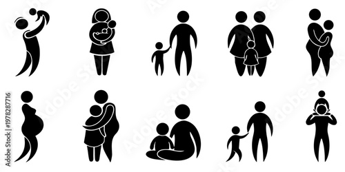 Family Parenting Solid Black Vector Icon Set Love Relationship Human Silhouette Collection