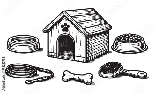 Dog Care Essentials Set Hand Drawn Pet Accessories Vector Illustration Set