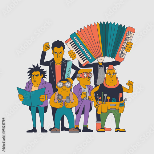 Cartoon musicians performing with various instruments in colorful outfits on gray background