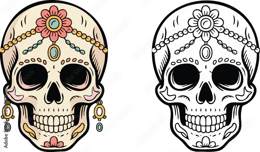 Fototapeta premium Day of Dead Illustration and outline set isolated on transparent background