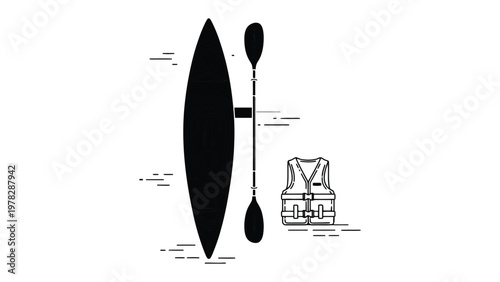 Kayaking Gear Illustration: A stylized illustration showcases essential kayaking equipment, including a sleek kayak, a paddle, and a life vest, all rendered in a clean, minimalist style.
