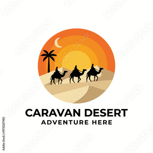 The logo captures the essence of adventure with silhouettes of camels traversing a desert against a sunset backdrop, evoking wanderlust and exploration in barren landscapes.