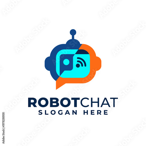 This sleek logo design features a robot with chat elements, symbolizing innovation in communication and technology, making it perfect for modern chat apps and AI platforms.