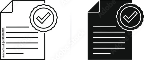Approved or certified document, featuring a stamped document with a checkmark symbol inside a circular seal. 