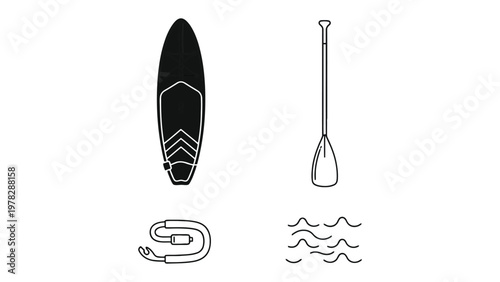 Paddleboard Essentials: A simple and clean illustration of the essential elements needed for paddleboarding, including a board, paddle, leash, and water.