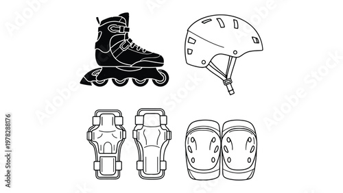 Inline Skating Essentials: A collection of inline skating gear, including skates, helmet, knee pads, and elbow pads, all meticulously illustrated against a plain backdrop.
