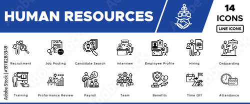 Human Resources Line Icons Set, 14 HR Management Vector Icons for Recruitment, Onboarding, and Employee Benefits, Modern Business HR Solutions