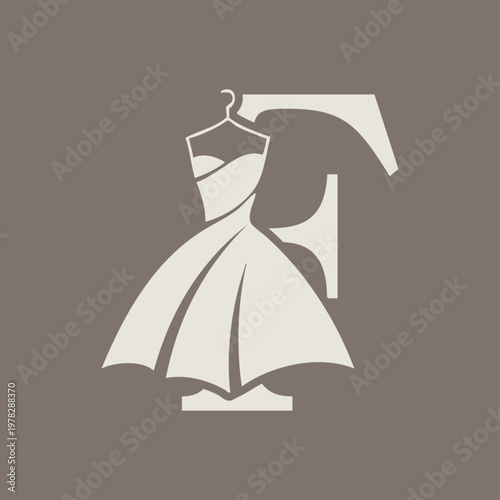 Logotipo de boutique de moda. Dibujo sencillo con líneas de un vestido con falda colgado de una percha con una letra F