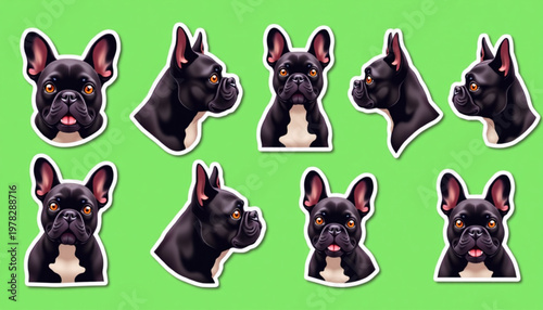 French Bulldog Silhouette Icon Set Green Screen Dog Head Angles