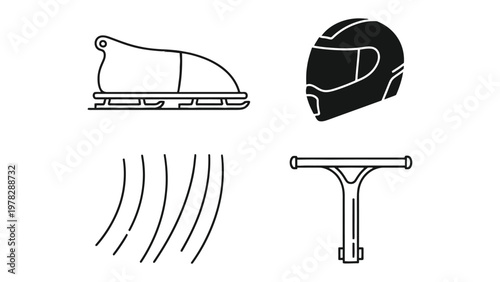 Bobsledding and Stunt Scooter Icons: Sport icons including a bobsled, helmet, speed trails, and stunt scooter outline in bold black and clean details. A visual guide for the enthusiast.