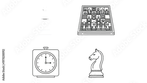 Chess Strategy Elements: A strategic composition of chess elements. Includes chess board, chess pieces, a knight, and clock. Evokes intellect, strategy, and timeless game.