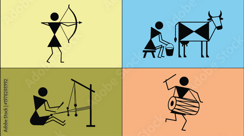 Set of four traditional Indian Warli tribal art scenes featuring hunting, cow milking, weaving, and drumming