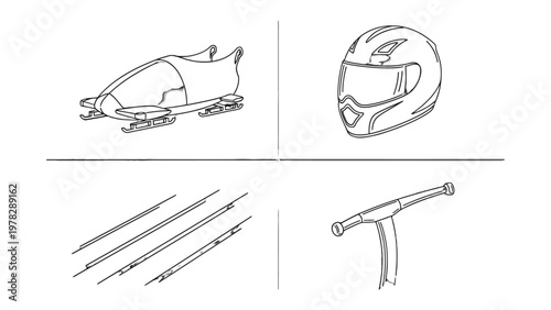 Winter Sport Essentials: A detailed illustration showcasing the essential equipment for winter sports, including a bobsled, a protective helmet, runners, and steering components.