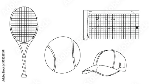 Tennis Essentials: An illustrative depiction of the essential tools and gear of tennis, including a racket, ball, net, and cap, perfect for sports and leisure themes. 
