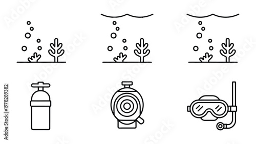 Underwater World Icon Set: Immerse yourself in the underwater world with this comprehensive icon set, perfect for aquatic adventures and scuba diving exploration. Features illustrations of a tank.