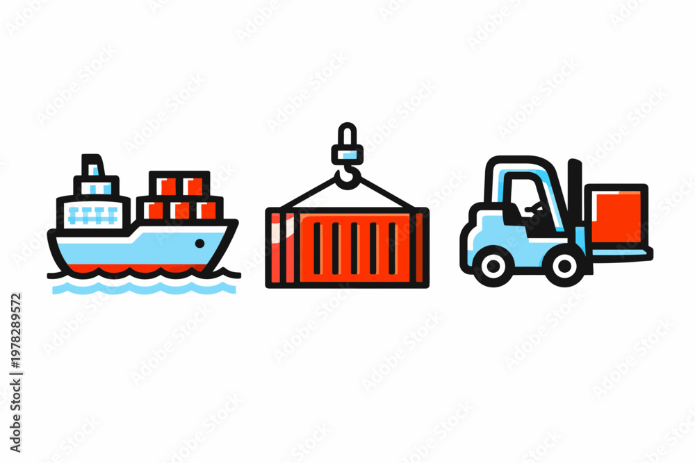 Naklejka premium Shipping and Logistics Icons Ship Container and Forklift Neobrutalism Neo-brutalism Vector Icon Flat