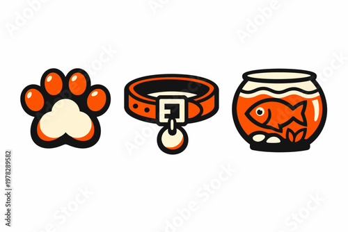 Three orange and black pet-related icons: a paw print, a dog collar with a bell, and a fishbowl with a goldfish.