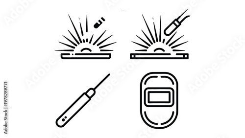 Tableau sur toile Welding Equipment Icons: A set of clean, minimalist icons depicts essential welding tools, including a mask, torch, sparks, showcasing the craft and precision of metalwork
