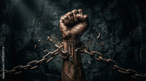 Breaking free from oppression and slavery concept with raised fist shattering chains