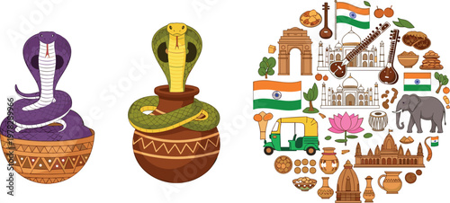 Indian culture vector illustration set with cobra snake in basket and traditional symbols, landmarks and objects forming India map design