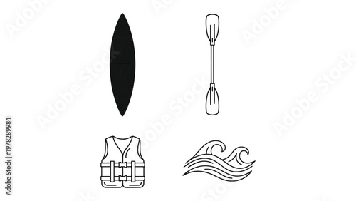 Kayak Essentials: Isolated kayak, paddle, life vest, and waves isolated, symbolizing the gear and spirit of water adventure and outdoor recreational pursuit.