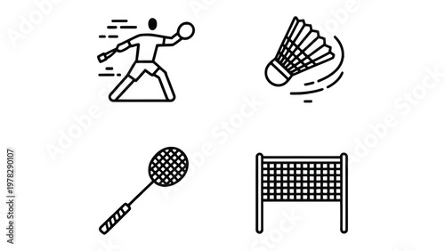 Badminton Elements Icons: Badminton icons set showcasing the sport's essential elements - a player in action, a shuttlecock in flight, a racket, and a net. These icons capture the sport's agility.