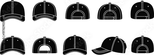 Black Baseball Cap Silhouette Vector Set Featuring Front Back Side And Top Views Of Sport Hat Mockup For Apparel Design Clothing Template And Headwear Graphic Designs