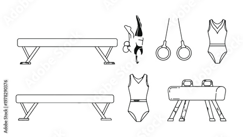 Gymnastics Essentials: A concise visual representation of essential gymnastics equipment and attire, perfect for illustrating the sport's core components. 