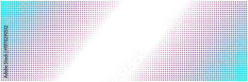 Digital blockchain grid with cyan and purple halftone squares for fintech and cybersecurity web banners