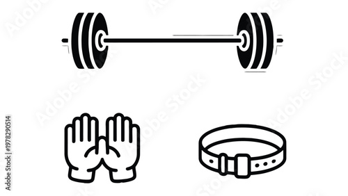 Weights Workout Essentials: A minimalistic depiction of essential weightlifting tools, including a barbell, gloves, and a weight belt, emphasizing the core elements of a productive workout routine.