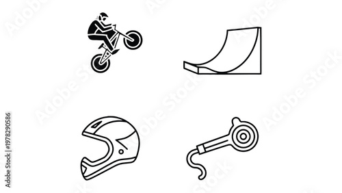 Motocross Icon Set: A dynamic set of graphic elements capturing the essence of motocross, including a rider on a bike, a ramp, a helmet, and a specific tool, all rendered in a clean, modern style.