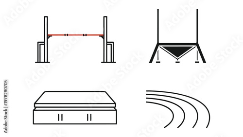 Sports Equipment Elements: A minimalist illustration of essential athletic gear, featuring a hurdle, a starting block, a high jump landing area, and a running track lane.