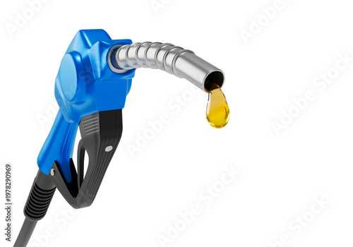 Blue fuel nozzle with a golden oil drop dripping, transparent background