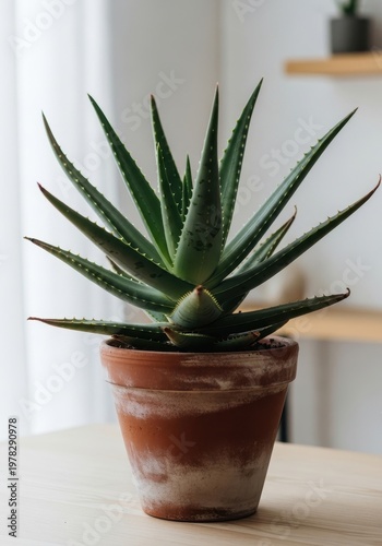Aloe Vera Plant in Rustic Pot on Wooden Table in Bright Room