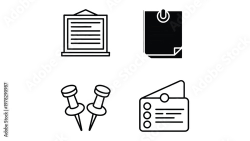 Essential Office Supplies: An array of office essentials, including a memo board, a pinned note, pushpin, and an open card showcasing fundamental office organization and communication.