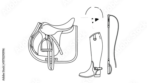 Equestrian Gear Essentials: A meticulously crafted illustration features a saddle, helmet, tall riding boot and crop against a plain background.