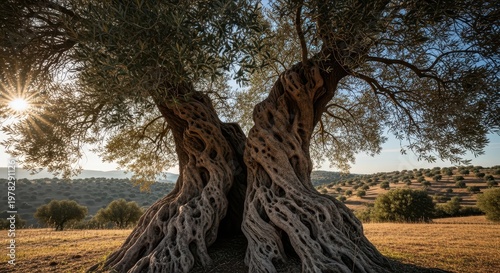 Ancient Olive Trees Embracing in Serene Landscape at Sunrise
