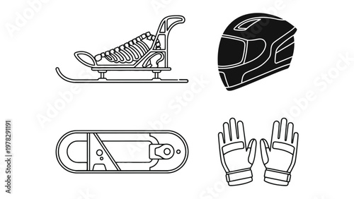Sports Equipment Collection: A diverse arrangement of sports gear, including a sled, a helmet, a snowboard, and a pair of gloves. Captured in minimalist black and white.