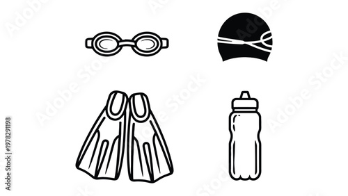 Swimming Gear Essentials: A collection of essential swimming accessories, including goggles, a swim cap, flippers, and a water bottle, representing preparation and activity