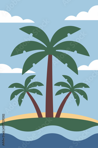 Logo agencia de viajes. Vacaciones de verano. Dibujo sencillo con un paisaje con la palma en una isla con mar y nubes en el cielo