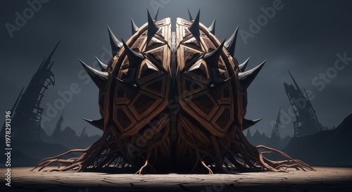 Artistic representation of a spiked sphere on a desolate landscape