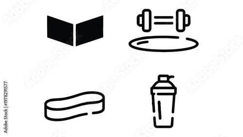 Fitness Essentials: A collection of sleek, minimalist icons, illustrating key fitness elements essential for a dedicated workout regimen.
