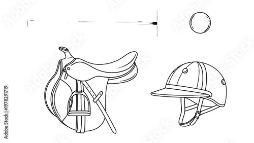 Equestrian Essentials: A detailed illustration showcases the essential equipment for equestrian activities, featuring a meticulously rendered saddle, helmet, and stirrups.